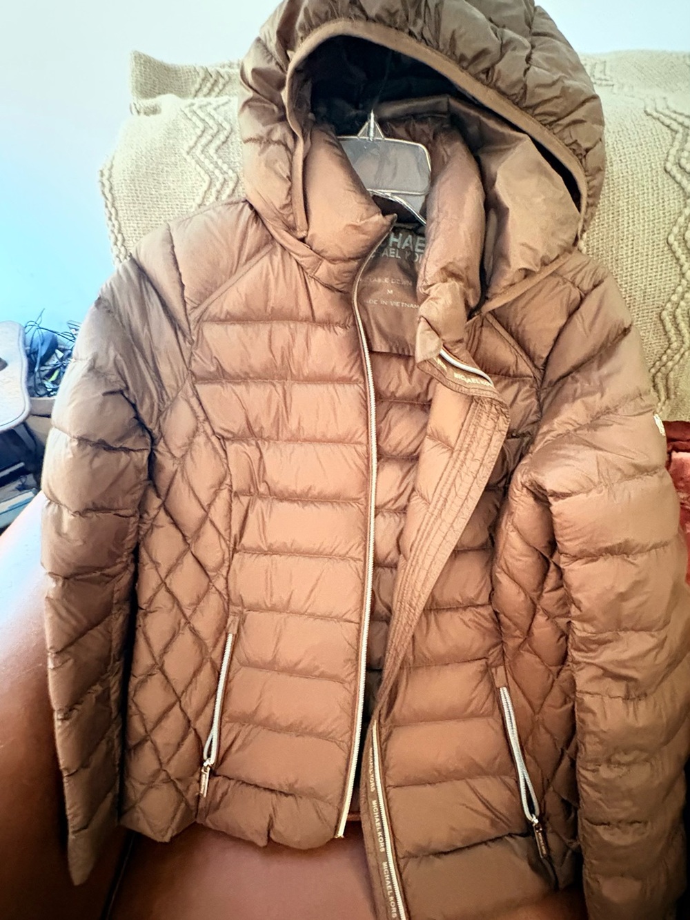 Michael Kors Quilted Hooded Puffer Jacket in Taupe Brown